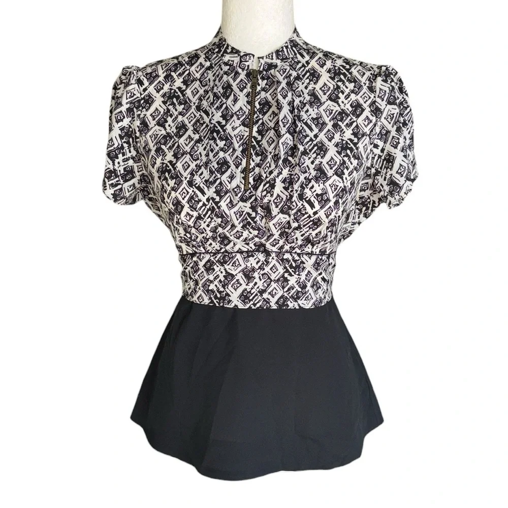 LN Anthropologie Girls From Savoy Black & White Bow Tie Back Peplum Blouse - 4